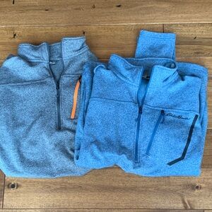 TWO Eddie Bauer Gray and Blue Quarter-Zip Pullovers with Chest Pockets